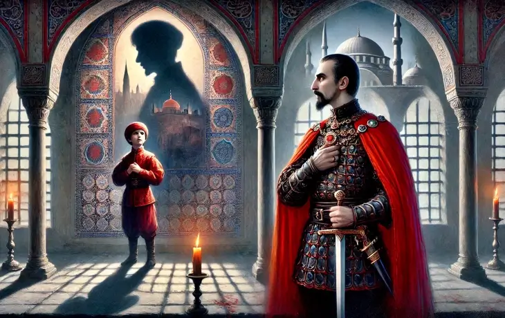 Osmanlı mimarisini andıran bir salonda duran Vlad Tepeş ve çocukluğunu canlandıran bir figür